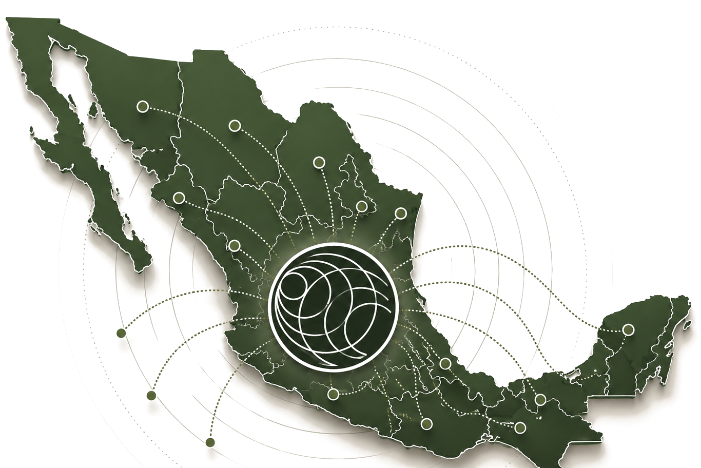Mapa de México con el símbolo de Red 360+1 al centro conectando nodos en todo el país