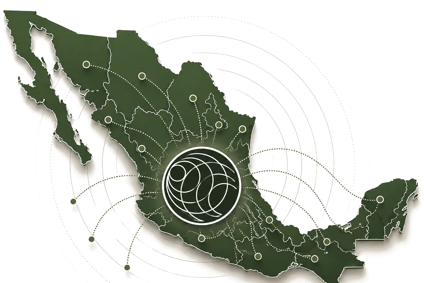 Mapa de México con el símbolo de Red 360+1 al centro conectando nodos en todo el país
